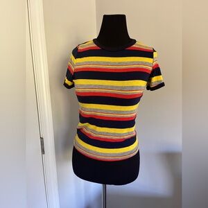 Gaze Vibrant Yellow, Orange, Navy Blue and Subtle Gray Striped Top